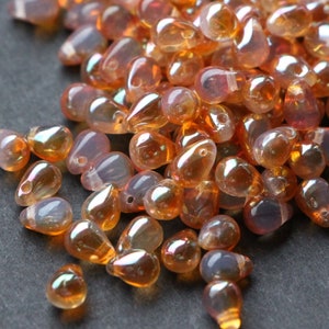 50pcs celsian moonstone Czech glass drop beads 4x6mm Opal orange gold Czech Glass Beads Tiny Teardrops Opalite Beads Milky White image 1