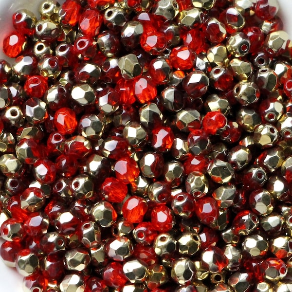 50pcs Golden Ruby Red 4mm Czech Fire Polished Beads Round Glass Polish Faceted Red golden metallic