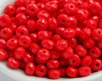 50pcs Bright Red 3x5mm Czech Fire Polished Beads 5x3mm Small Faceted Disk Beads Bright Red Spacer Bead