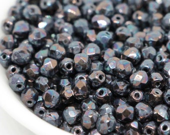 50pcs Rainbow Black Iris 4mm Czech Glass beads Fire Polished Beads 4mm Round Bead Metallic Faceted Glass Beads 4mm