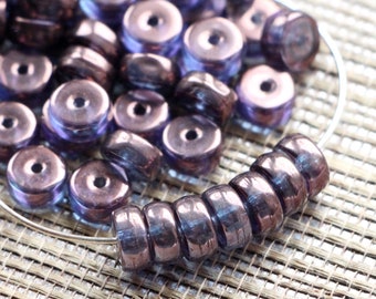 50pcs Amethyst Czech Glass Heishi Bead 6mm Czech Glass Rondelle Beads 6x3mm Disk Glass Beads Wheel Beads Golden Amethyst Antique Bead