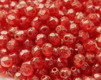 50pcs Golden Ruby Red 4mm Czech Fire Polished Faceted Glass Beads Round 4mm Ruby gold marbled