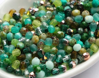 100pcs Green 3mm Czech Fire Polished Beads Mixed color Small Round Facet Beads Mix green emerald teal olivine bead soup