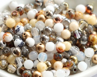 100, 200 or 300pcs 4mm Mix Glass Beads  Czech Beads Smooth Round Beads Mixed Mixes White Crystal Beige