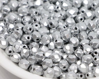 50pcs Matte Metallic Aluminum 4mm Czech Fire Polished Glass Beads Frosted Polish Faceted Round silver