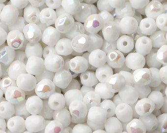 50pcs Snow White rainbow Beads 4mm Czech Fire Polished Beads 4mm Small White Rainbow Faceted Beads