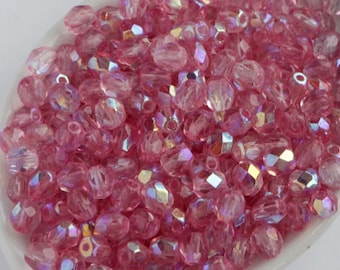 50pcs Pink Czech Fire Polished Glass Beads 4mm  Polish Faceted Rose Rainbow Round Small Facet Glass Beads