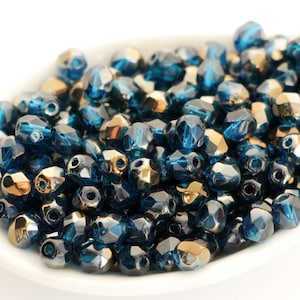 30pcs Bronze Capri Blue 5mm polish beads Czech Fire Polished Round Faceted beads Dark Blue Facet Glass Beads 5mm