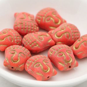 6 Stück Buddha Antik Glasperlen 16x14 mm Matte Coral Rot Gold Böhmische Glasperlen Gesicht Buddha