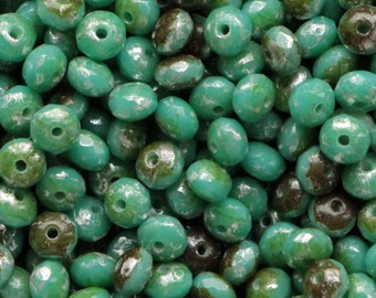 50pcs Silver Antique turquoise green Rondelle Beads 3x5mm Czech Fire Polished Bead 5x3mm Small Faceted Bead Picasso Spacer Rondelle Bead