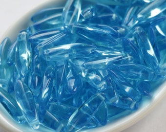 20pcs Blue Czech Glass Dagger Beads 5x16mm Aquamarine Glass Leaf Pressed Daggers Beads Aqua Blue