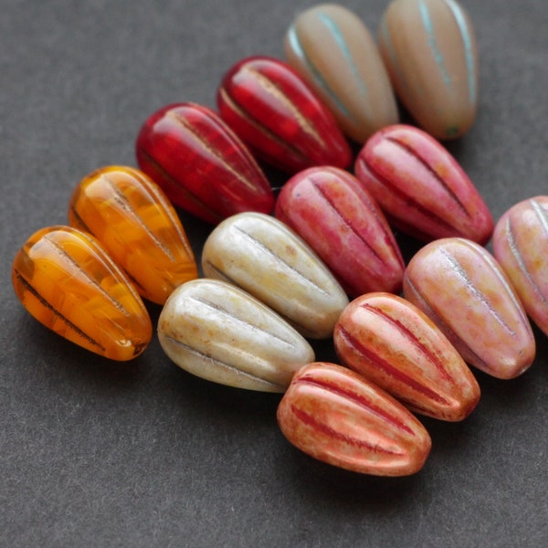 14pcs antique mix teardrops 13x8mm Vintage Czech Glass Beads Drops, antique mixed colors melon drops AAA