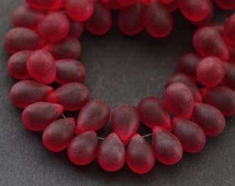 Lot De 25 Perles Vintage En Verre Goutte - Couleur Rouge Givré, Forme Poire, Occasion (origine Inde)