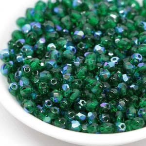 50pcs Rainbow Emerald 4mm Czech Fire Polished Round beads Green Glass Faceted Beads 4mm green ab