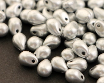 25pcs Matte Silver Glass Drops 5x7mm Czech Glass Drop Beads Silver Frosted Briolette Teardrop Bead