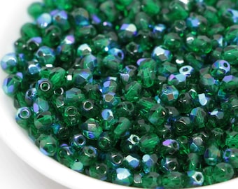 50pcs Rainbow Emerald 4mm Czech Fire Polished Round beads Green Glass Faceted Beads 4mm green ab