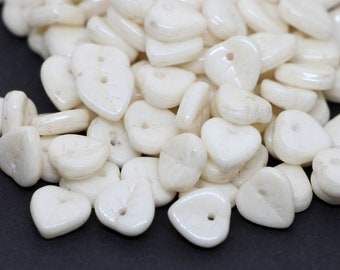 30pcs White Champagne leaf beads Heart leaf 9mm Beige Czech glass leaves petals small floral beads