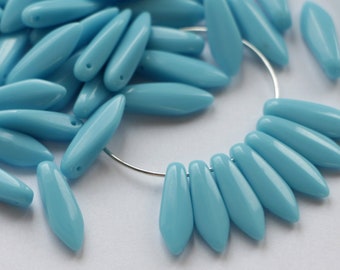 20pcs Opaque Blue Glass Dagger Beads 5x16mm Czech Glass Beads Leaf Pressed Daggers Sky Blue