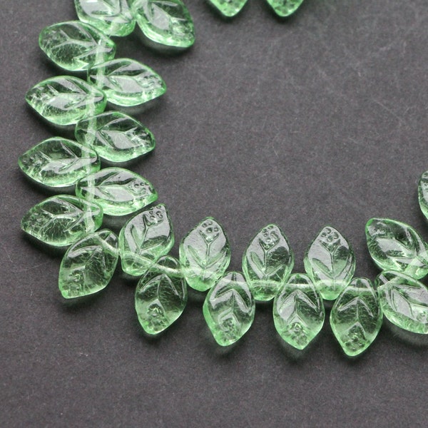 Green Leaves beads 12x7mm Czech Glass Leaves Leaf Floral Beads Peridot Green 30pcs