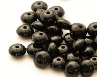 50pcs Opaque Black Rondelle Beads 7x4mm Czech Glass Donut Jet Beads 7mm Black Disk Glass Beads Wheel Beads Black