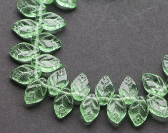 Green Leaves beads 12x7mm Czech Glass Leaves Leaf Floral Beads Peridot Green 30pcs