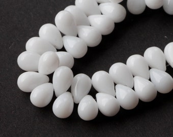 25pcs Alabaster White Glass Drops 6x9mm Glass Drops Czech Pressed Beads Milky white drops glass briolette white