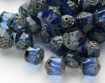 Conjunto de 15 contas de vidro checo azul safira catedral de 8 mm com extremidades facetadas estilo Picasso, contas de vidro de 8 mm em travertino azul antigo.