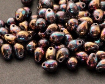 25pcs Metallic Rainbow Iris Czech Glass Drop Beads Tiny Teardrops Metallic Rainbow Dark Bronze