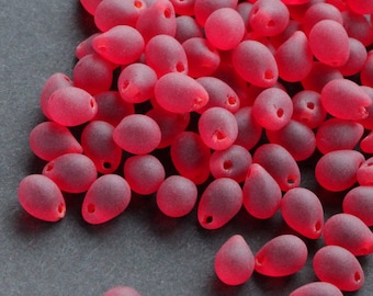 25pcs 5x7mm Matte Ruby Red Teardrop Czech Glass Drops Beads Bright Red Small Glass Briolette Frosted Ruby pomegranate beads