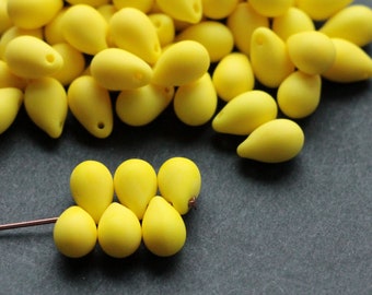 25pcs Matte Bright Yellow Czech Glass Drop beads 6x9mm Briolette yellow frosted teardrop pendant beads