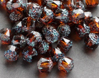 15pcs Topaz Brown Picasso 8mm Cathedral Czech Glass Beads with antique ends fire polished beads travertine