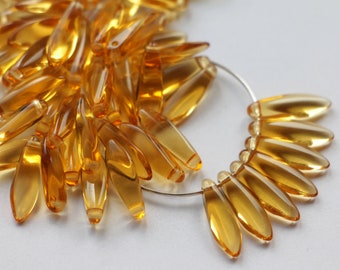 20pcs Topaz Czech Glass Dagger Beads 5x16mm, Czech Glass Leaf Daggers Beads Gold Amber