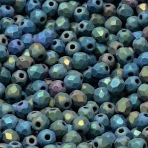 50pcs Matte Iris Green 4mm Czech Fire Polished Beads 4mm Small  Metallic Green frosted Faceted Beads