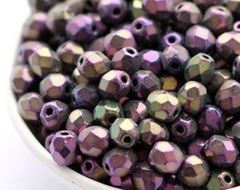 50pcs Metallic Iris Purple 4mm Czech Fire Polished Beads 4mm Rainbow Metallic lilac Polish Faceted Beads