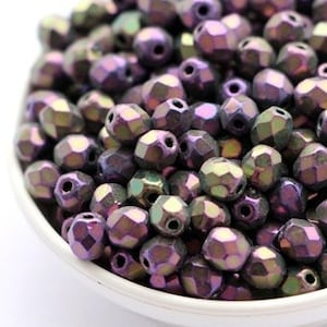 50pcs Metallic Iris Purple 4mm Czech Fire Polished Beads 4mm Rainbow Metallic lilac Polish Faceted Beads