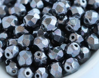 30pcs Hematite Beads 6mm Czech Fire Polished Beads 6mm Round Opaque Black Iris Gray Metallic Facet glass Beads