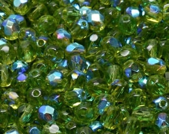 50pcs Rainbow Olivine 4mm Czech Fire Polished Round Green Glass Faceted Beads 4mm