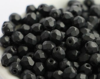 50pcs Frosted Jet Czech Fire Polished Beads 4mm Black matte round faceted glass beads graphite black