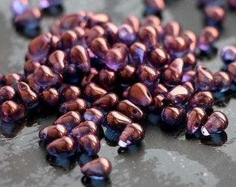 50pcs Golden Lilac Czech glass drops bead 4x6mm Gold Amethyst Czech Glass Small Briolette Amethyst Teardrops