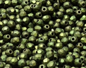 100pcs Matte Metallic Green 3mm Czech Fire Polished Glass Beads Round Polished beads 3mm Green frosted