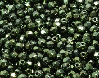 100pcs Metallic Green 3mm Czech Fire Polished Glass Beads Round Polished beads 3mm Green