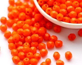 50pcs Bright Orange 4mm Czech Beads Fire Polished Round Facet Glass Round Beads