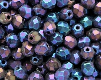 Round 6mm,Jet Blue Iris Czech Faceted Glass Beads 50pcs Fire-Polished Beads Opaque Blue Rainbow
