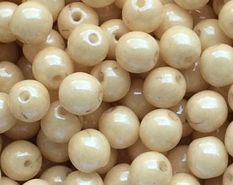 50pcs Gold Champagne Round Beads 6mm Czech Glass Beads 6mm Smooth Round Beads Beige Lustered White Round Glass beads