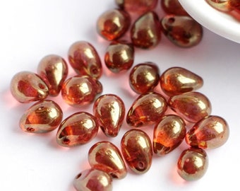 25pcs Crystal Orange Gold 5x7mm Cech Glass Drops Beads Teardrops Golden Briolette Small teardrop