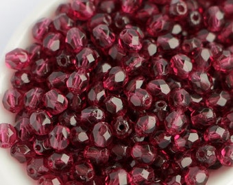 50pcs Fuchsia bead 4mm, Czech Fire Polished Beads, Round Glass Faceted Dark Pink bead, Small Czech Glass Beads