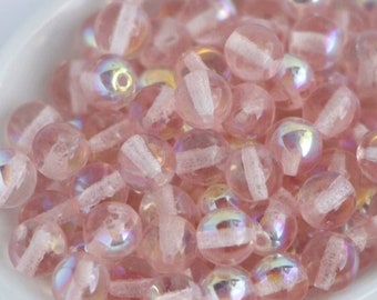 50pc Rosaline Rainbow Rose 6mm Round Beads Czech Druk Beads 6mm Smooth Round Beads Pink AB