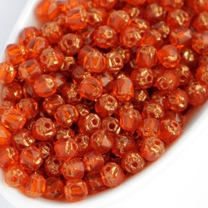 40pcs Orange Hyacinth Bronze 4mm Cathedral Bead Czech Glass Beads with bronze ends fire polished bead facet bead orange golden