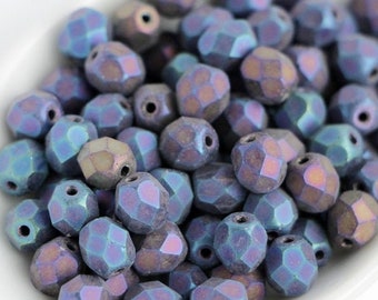 30pcs Iris Blue Frosted 6mm Czech Fire Polished Beads Thin Rainbow Big Matte Metallic Dark Blue Polish Faceted Beads Seaglass Beads