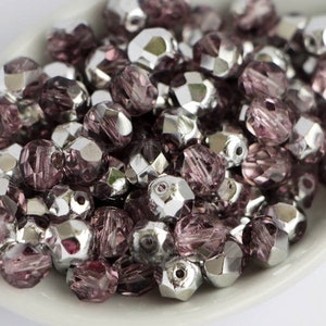 30 pcs Argent Améthyste 6 mm Perles tchèques rondes en verre poli au feu lilas métallisé Perles de verre à facettes 6 mm